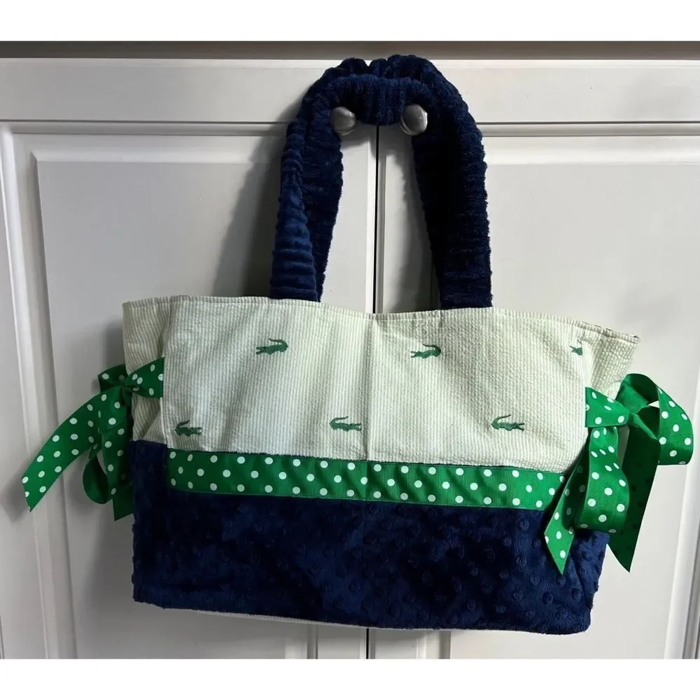 La Shea Montgomery Alabama Preppy Alligator seersucker polkadot bows duffle bag